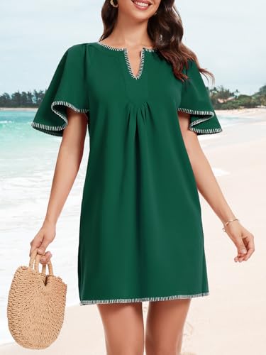 HOULENGS Women's Summer Flutter Short Sleeve A Line Mini Dress Casual Contrast Trim V Neck Short Dress with Pockets Green X-Large - Image 5