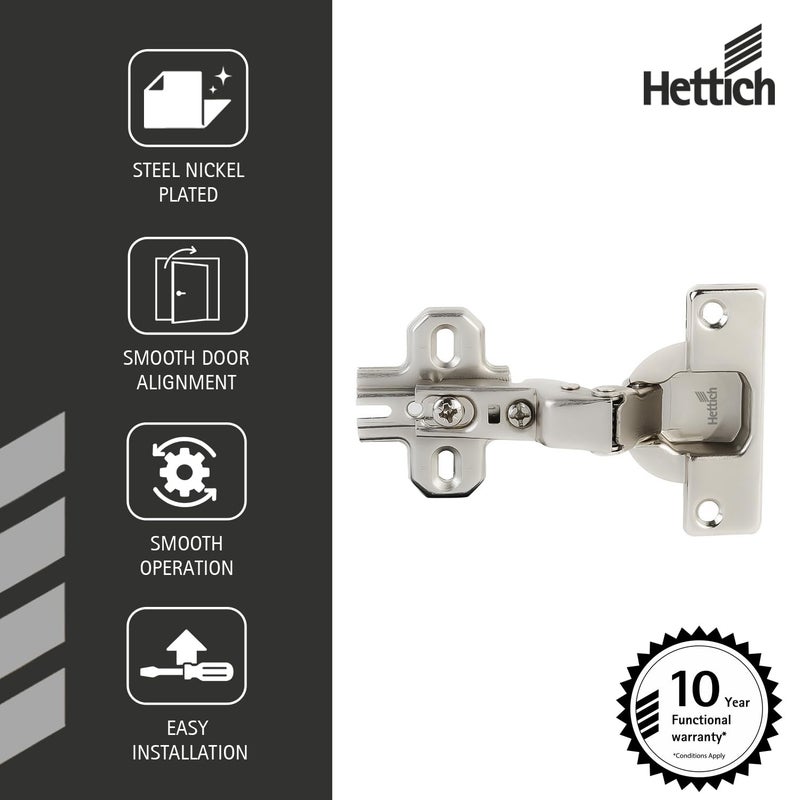 Hettich مفصلة خزانة ناعمة الإغلاق 9.5K مع لوحة تركيب، 4 ثقوب نصف تغطية، مطلية بالنيكل، فتح 95°، للألواح من 14-25 مم، عبوة من 5 (10 مفصلات) - Image 3