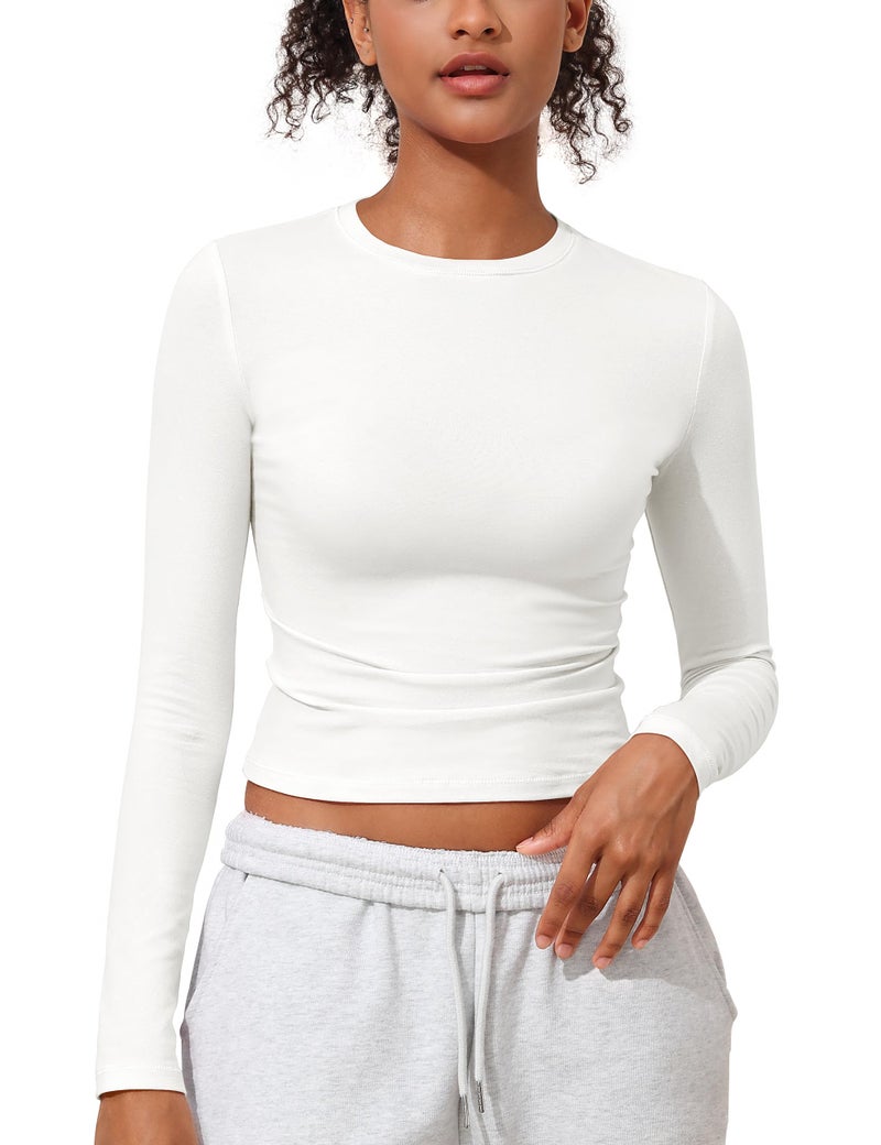 PrettyGuide Women's Cotton Long Sleeve Crop Shirt Slim Fitted Basic T-Shirts Spring Fall Going Out Tops Off White S - Image 1