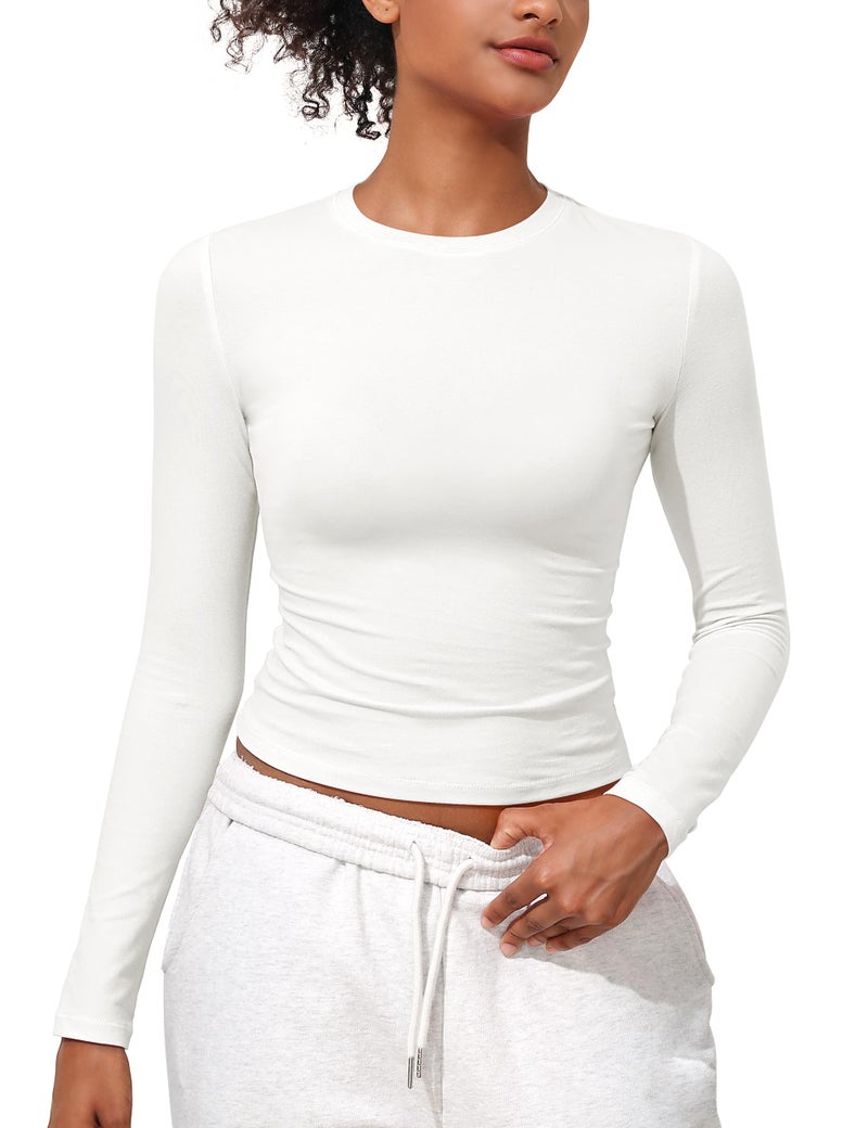 PrettyGuide Women's Cotton Long Sleeve Crop Shirt Slim Fitted Basic T-Shirts Spring Fall Going Out Tops Off White S - Image 2