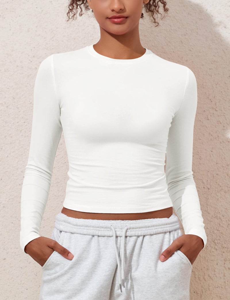 PrettyGuide Women's Cotton Long Sleeve Crop Shirt Slim Fitted Basic T-Shirts Spring Fall Going Out Tops Off White S - Image 3