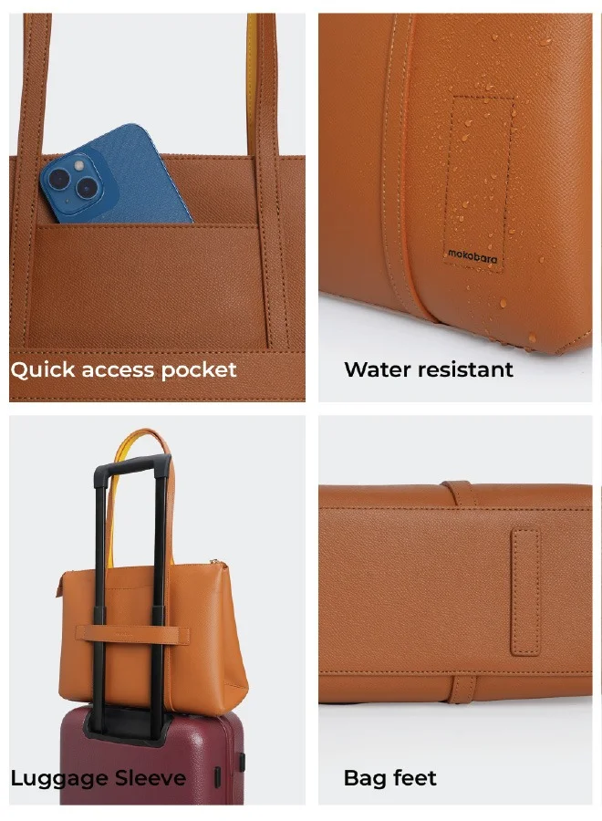 Mokobara The Easy Going Tote | Vegan Leather Black Tote Bag for Women (Tan Lines)