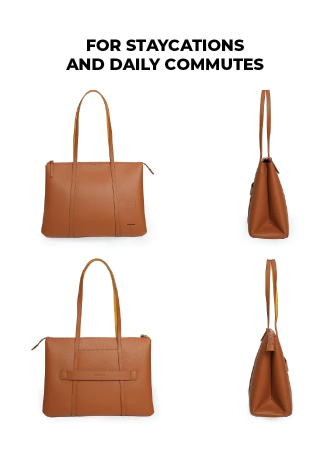 Mokobara The Easy Going Tote | Vegan Leather Black Tote Bag for Women (Tan Lines)