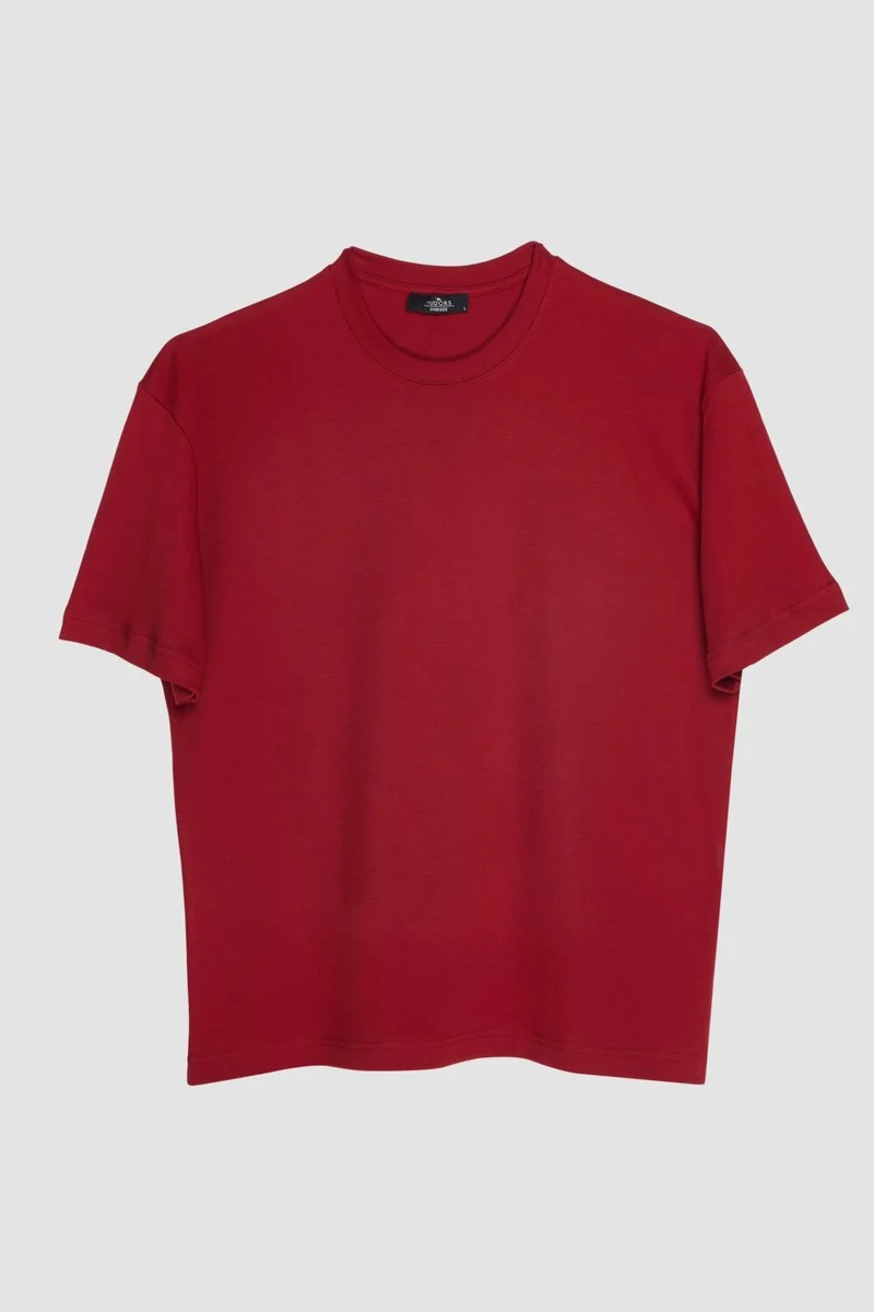 تودورس Oversize Wide Cut Cotton Soft Textured Basic Crew Neck Claret Red T-Shirt