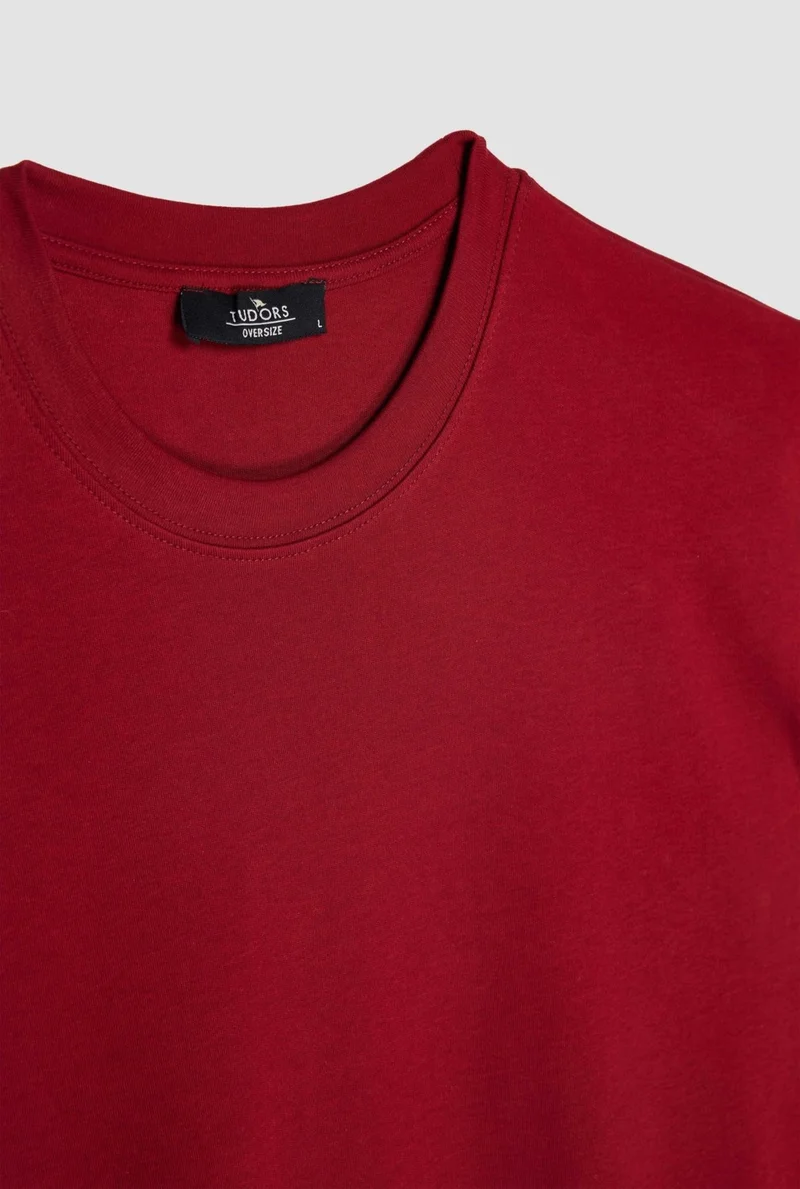 تودورس Oversize Wide Cut Cotton Soft Textured Basic Crew Neck Claret Red T-Shirt