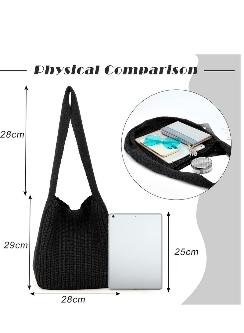 Excefore Crochet Tote Bag Womens Shoulder Handbag Plush Knitting Satchel Large Shopping Bag for School Work Shopping Weekend Getaways Travel Black  - Image 2