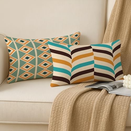 BRICK HOME Set of 2 Polycotton Printed Cushion Covers 12x18 Inches | Geometric Triangle & Diamond Pattern | Teal, Mustard, Brown & Beige | Soft Decorative Pillow Covers for Sofa, Couch & Living Room - Image 2