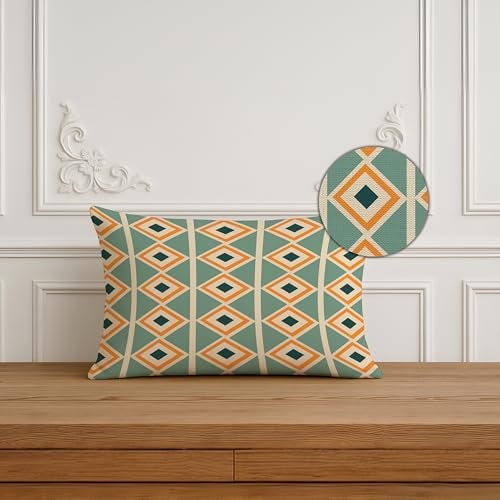 BRICK HOME Set of 2 Polycotton Printed Cushion Covers 12x18 Inches | Geometric Triangle & Diamond Pattern | Teal, Mustard, Brown & Beige | Soft Decorative Pillow Covers for Sofa, Couch & Living Room - Image 3