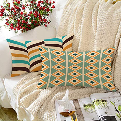 BRICK HOME Set of 2 Polycotton Printed Cushion Covers 12x18 Inches | Geometric Triangle & Diamond Pattern | Teal, Mustard, Brown & Beige | Soft Decorative Pillow Covers for Sofa, Couch & Living Room - Image 1