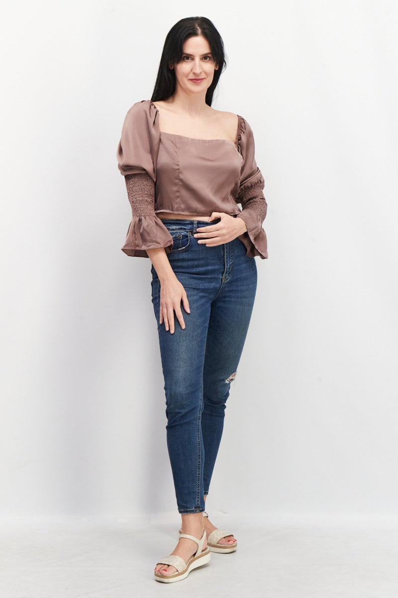 In the style Women Square Neck Puff Sleeves Plain Crop Top, Taupe - Image 4
