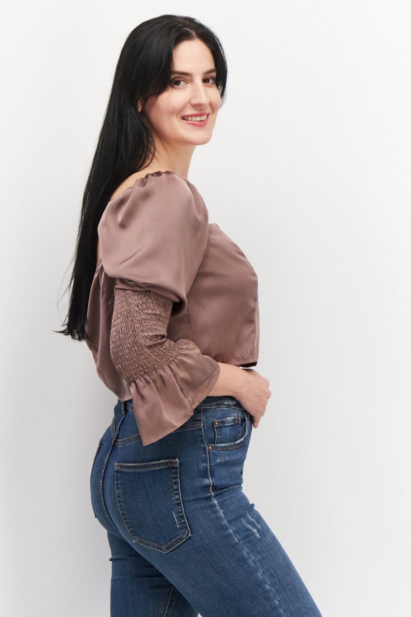 In the style Women Square Neck Puff Sleeves Plain Crop Top, Taupe - Image 2