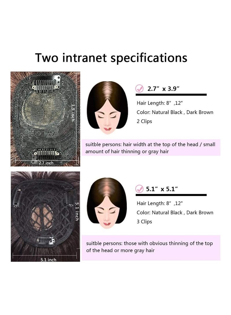 إستيل شعر مستعار بشري 100٪ مشبك في قطع شعر بشري مع أطراف علوية على شكل تاج بقاعدة من الحرير لتساقط الشعر الخفيف لتمديدات استبدال الشعر المستقيم (5.1 "× 5.1" 12 بوصة ، أسود طبيعي) - Image 4