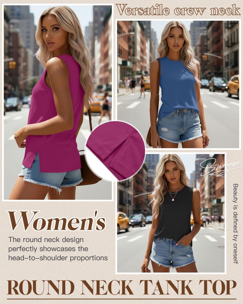 Ficerd 4 Pack Women's Sleeveless Tops, Casual Summer Loose Fit T Shirts Solid Color Tunic Tank Tops Ladies' Crew Neck Tee (Black, Denim Blue, Fuchsia, White,Large) - Image 2