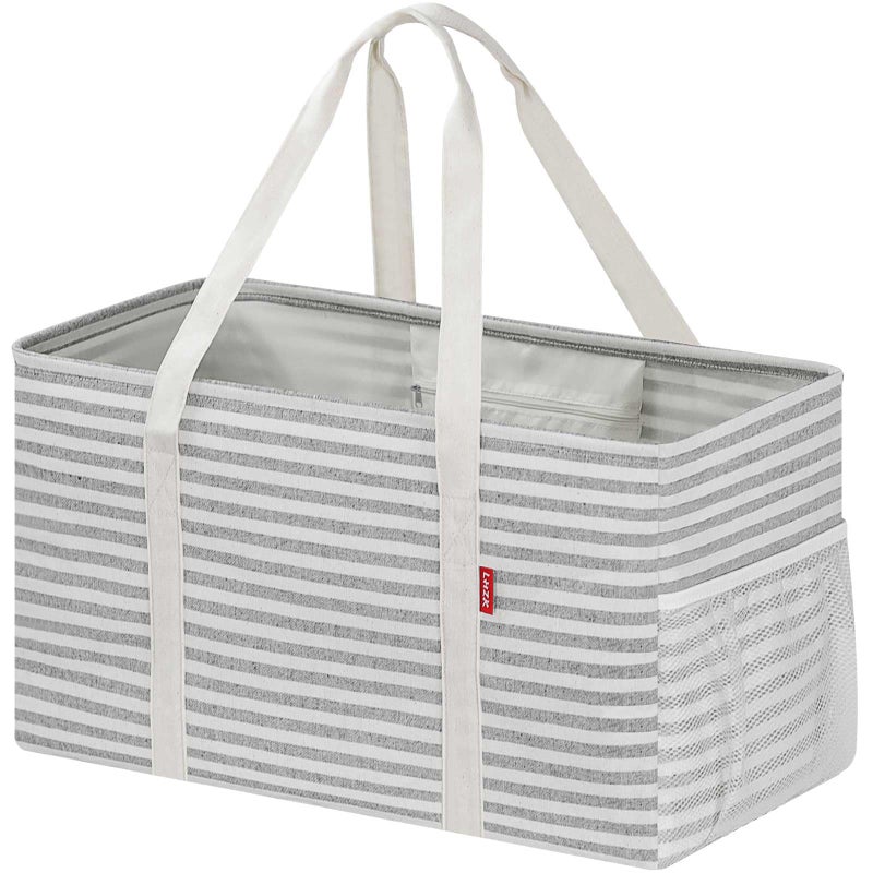LHZK Standing Extra Large Utility Tote Bag with Metal Wire Frame and the Sides Rinforced, Extra Large Tote Bag with Handle, Reusable Grocery Bags Foldable, Beach Bag, Car Tote (Gray) - Image 1