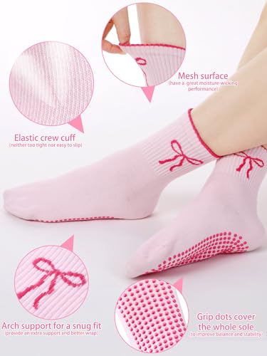 Bunnycool 3 Pairs Cute Pilates Socks with Grips for Women Cotton Non Slip Yoga Crew Grippy Sock Workout Ballet Athletic Gifts(Pink,Bow) - Image 2