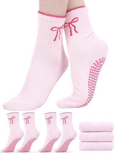 Bunnycool 3 Pairs Cute Pilates Socks with Grips for Women Cotton Non Slip Yoga Crew Grippy Sock Workout Ballet Athletic Gifts(Pink,Bow) - Image 1