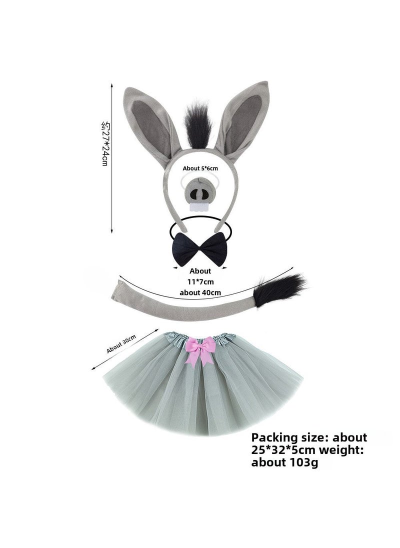 Generic Cute Donkey Ears Headband for Halloween Performance Grey Hair Donkey Ear Four-Piece Set Powder Bow Grey Gauze Skirt
