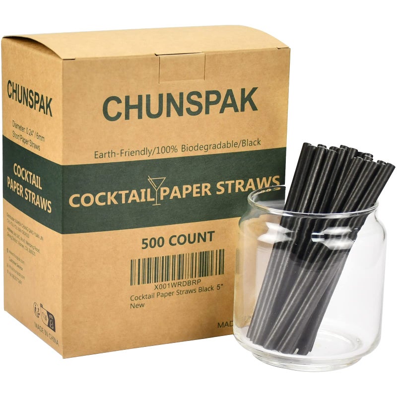 Paper Cocktail Straws 5 inch  500 ct Biodegradable Small Black Paper Drinking Straws Bulk for Short Drinks Restaurant Bar Food Services