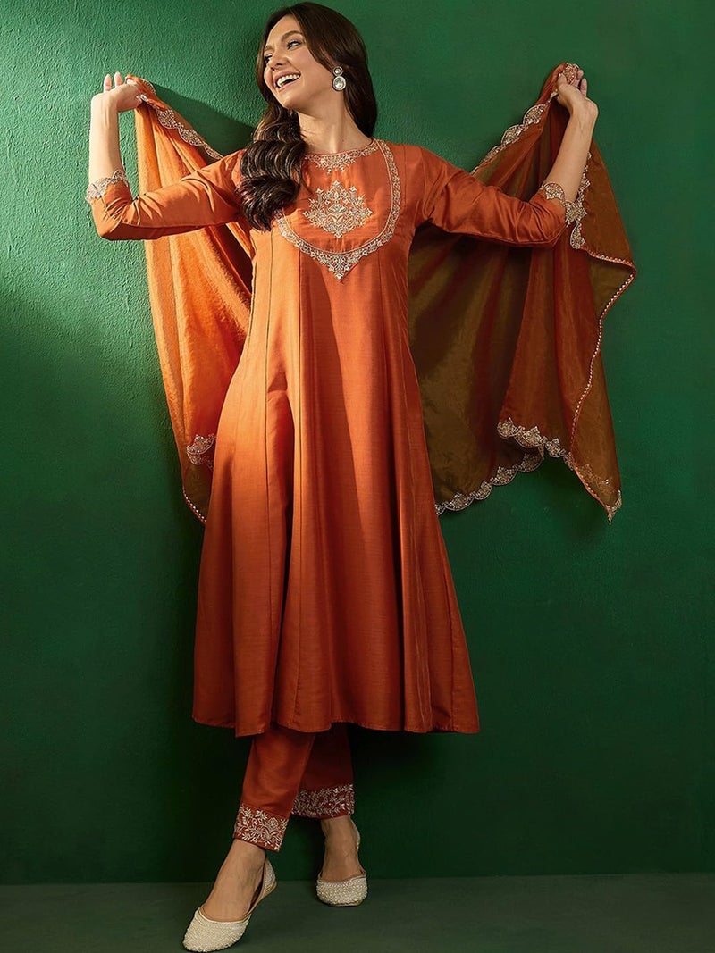 TRENDMALLS Women's Silk Embroidery A line Kurta Pant Set with Dupatta (G263-Orange-S) - Image 3