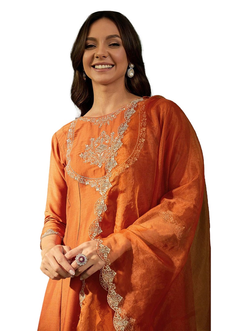 TRENDMALLS Women's Silk Embroidery A line Kurta Pant Set with Dupatta (G263-Orange-S) - Image 1