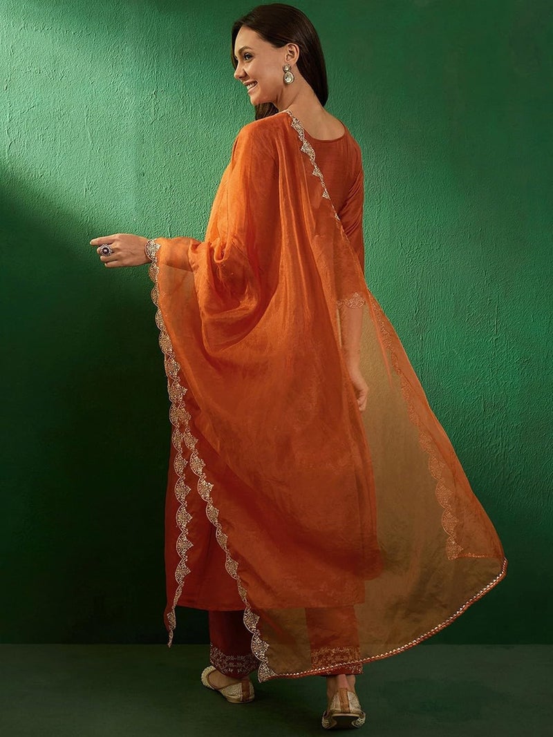 TRENDMALLS Women's Silk Embroidery A line Kurta Pant Set with Dupatta (G263-Orange-S) - Image 2
