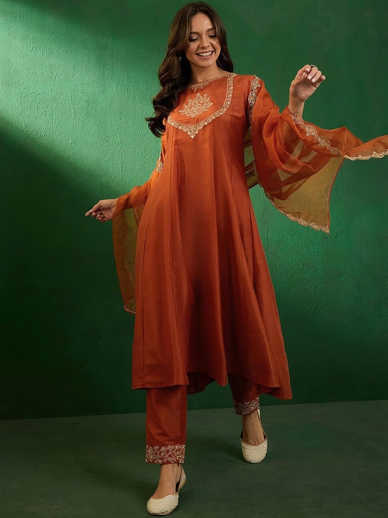 TRENDMALLS Women's Silk Embroidery A line Kurta Pant Set with Dupatta (G263-Orange-S) - Image 5