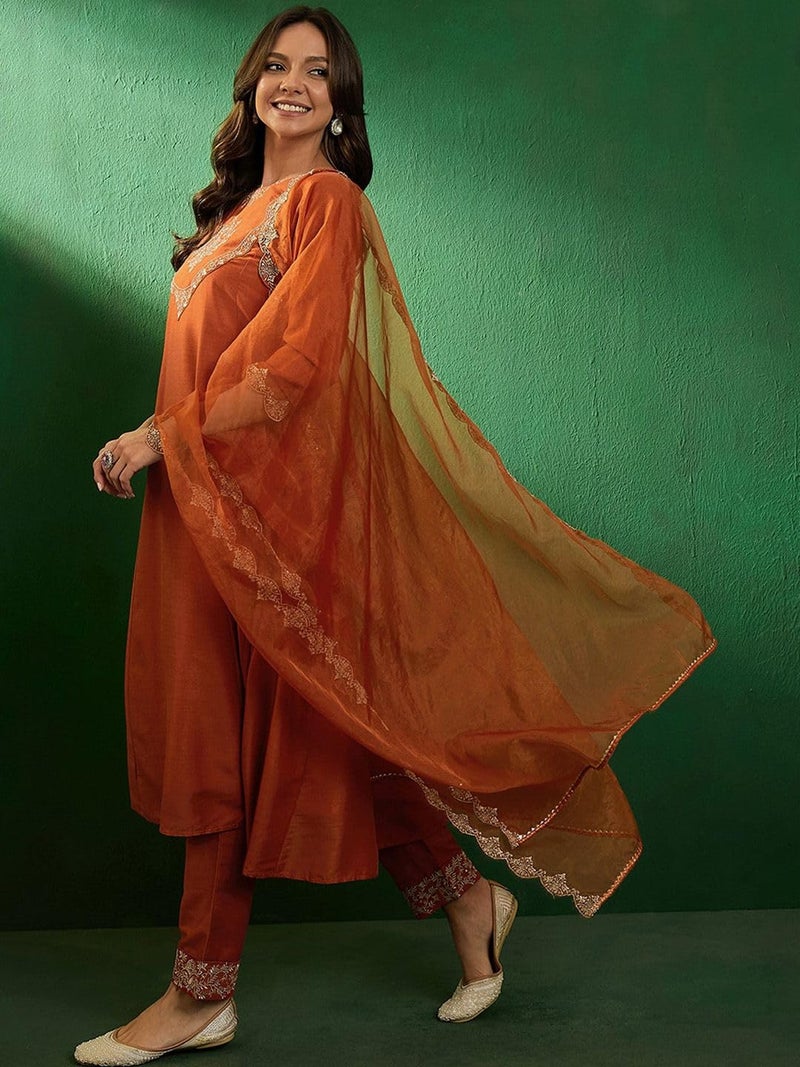 TRENDMALLS Women's Silk Embroidery A line Kurta Pant Set with Dupatta (G263-Orange-S) - Image 4