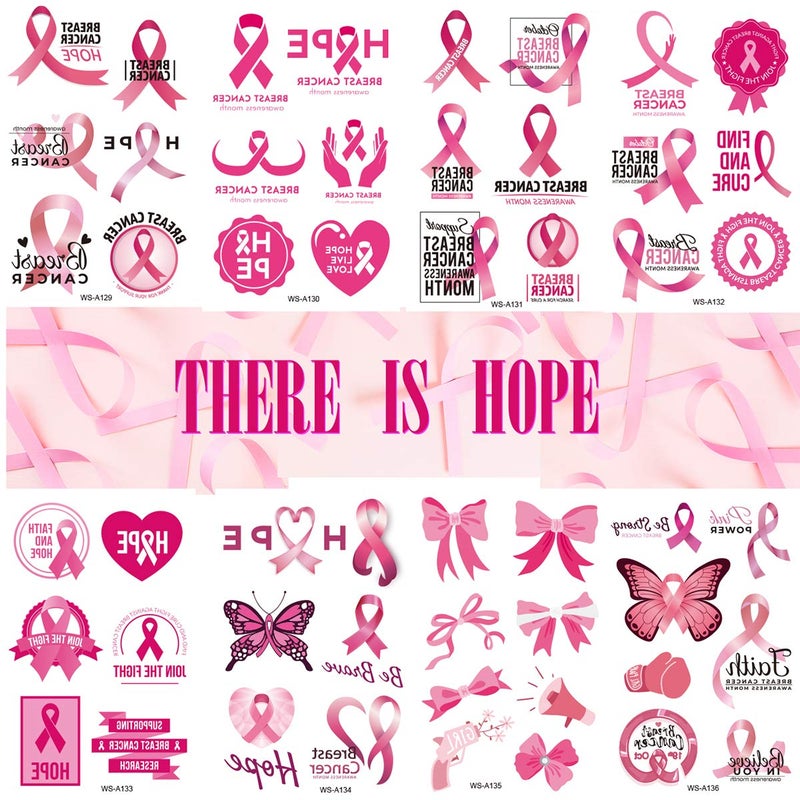 double ideal Pink Ribbon Temporary Tattoos Breast Cancer Awareness Tattoos,Fake Waterproof Pink Ribbon Tattoos Breast Cancer Awareness Party Favor Supplies(8 Sheets) - Image 5
