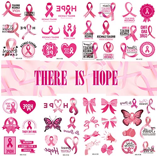 double ideal Pink Ribbon Temporary Tattoos Breast Cancer Awareness Tattoos,Fake Waterproof Pink Ribbon Tattoos Breast Cancer Awareness Party Favor Supplies(8 Sheets) - Image 1