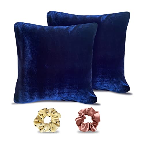 Silvr Bear Buttery Soft Velvet Cushion Covers + 2 Free Scrunchies - 16 x 16 inch | Pack of 2 | Square Shape (Solid Navy Blue) - Image 1