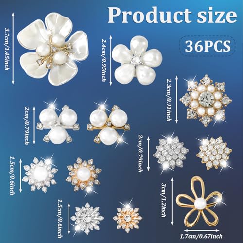 OWMOSYX 36 PCS Pearl Flower Rhinestone Buttons, Wedding Rhinestone Button Pearl Brooch Embellishments for Jewelry Making DIY Decoration - Image 2