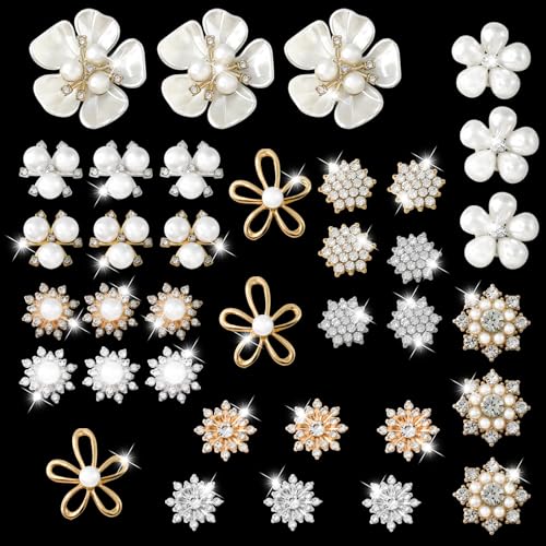 OWMOSYX 36 PCS Pearl Flower Rhinestone Buttons, Wedding Rhinestone Button Pearl Brooch Embellishments for Jewelry Making DIY Decoration - Image 1