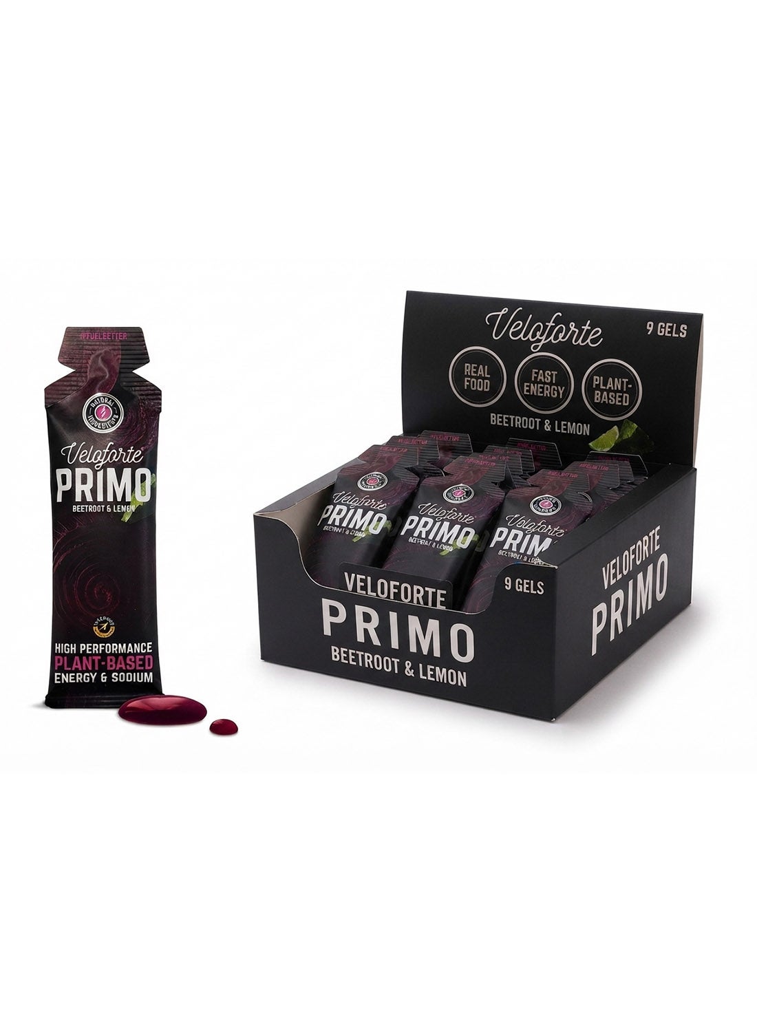 Veloforte Primo Natural Energy Gel - Beetroot & Lemon - 22g Carbs, 110mg Electrolytes, Caffeine Free, Vegan & Gluten Free - 9 x 33g (Pack of 9)