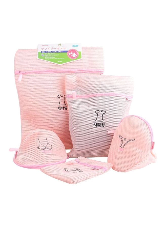 طقم حقائب غسيل من قماش شبكي قابلة للطي مكون 5 قطع وردي