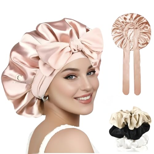 Candibella Silk Bonnet for Hair with 3 Scrunchies, Adjustable Hair Cap for Sleeping, Satin Bonnet for Curly Hair with Soft Jersey Fabric Tie Band (IN, Alpha, Free Size, Rose Taupe, Silk Bonnets) - Image 1