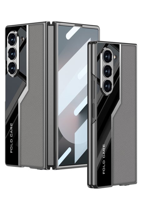 Luxury Case for Samsung Galaxy Z Fold 6 ,Polycarbonate and Leather Electroplated with with Camera & Screen Protector , Full-Cover Hard Shell (Grey)