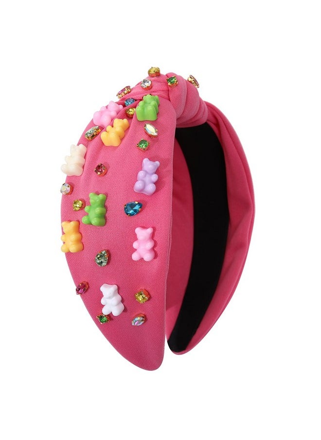 ZITULRY - Knotted Headband For Women - Crystal Embellished Top Knot Hairband, Statement Wide Turban Hair Hoop, Funny Gifts For Girls, Sister Birthday, Holiday Party (Gummy Bear Knot-Rose Red) - Image 1