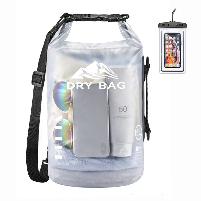 HEETA Dry Bag Waterproof for Women Men, Roll Top Lightweight Dry Storage Bag Backpack with Phone Case for Travel Swimming Boating Kayaking Paddle Board Camping Beach Accessories (White, 5L) - Image 1
