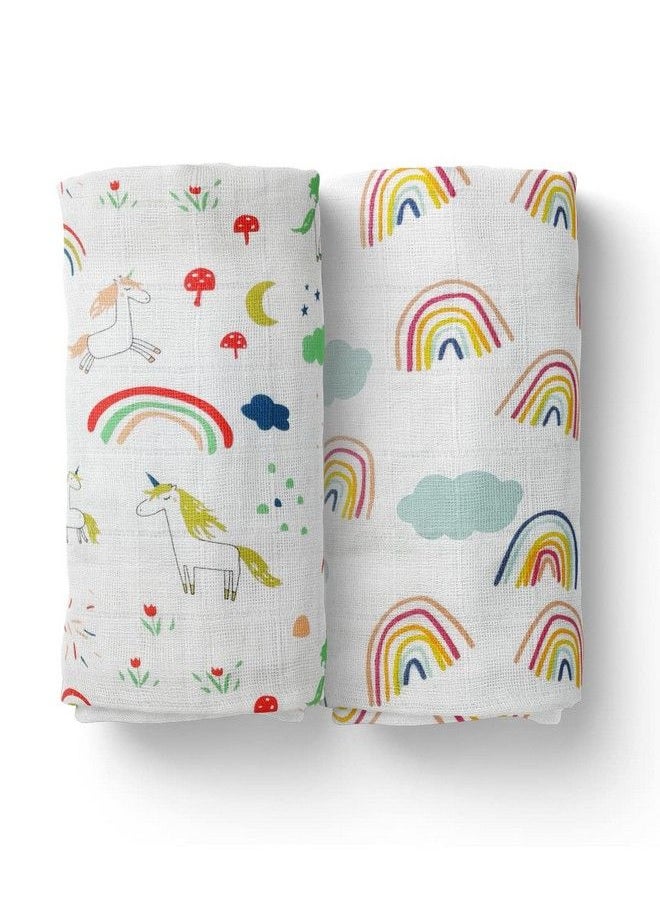 MOM'S HOME Organic Cotton Baby Muslin Swaddle Combo ; Rainbow & Unicorn ; 100X100 Cm ; 012 Months ; Multicolor ; Pack Of 2  - Image 2
