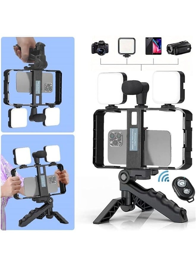 Universal Modular Video Rig Kit for iPhone,Smartphones,Action Cameras-Complete Journalist Kit Remote control,Tripod,Gun Microphone,2*LED Lights - Image 1