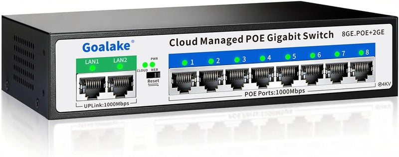 Goalake Poe Switch, 10 Ports Gigabit PoE Switch, (8 Ports gigabit Switch + 2 gigabit uplink) Cloud Managed Gigabit Ethernet Switch, 8 Poe Ports @120W, Web/App Smart Managed, Remote Detection/Restart - Image 1