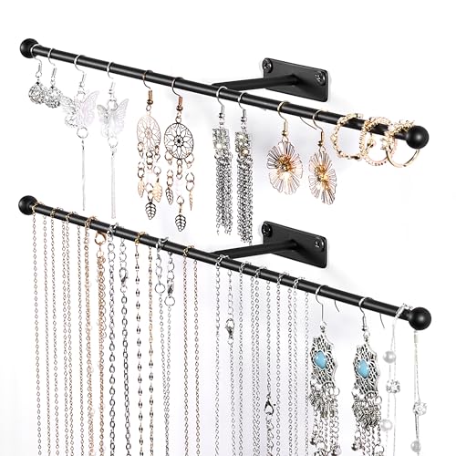 Josmimic Wall Hanging Jewelry Organizer: 12.6'' Necklace Holder for Earring, Bracelet, Rings, Hairband, Glasses, Black 2-Pack, Screws Included - Image 1