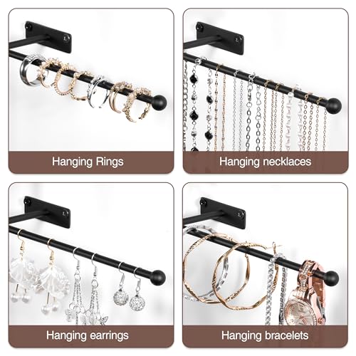 Josmimic Wall Hanging Jewelry Organizer: 12.6'' Necklace Holder for Earring, Bracelet, Rings, Hairband, Glasses, Black 2-Pack, Screws Included - Image 4