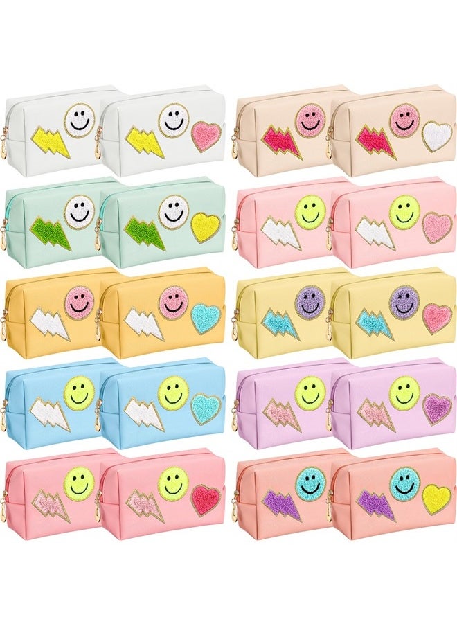 Sanwuta 20 Pieces Preppy Patch Makeup Bag Bulk Chenille Letters Bags PU Leather Aesthetics Cosmetic Organizer Smile Lightning Heart Toiletry Pouch Portable Waterproof Zipper Storage Purse for Women  - Image 1