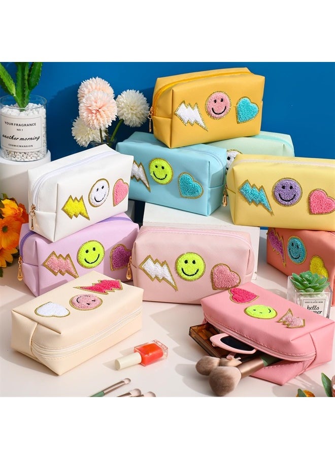 Sanwuta 20 Pieces Preppy Patch Makeup Bag Bulk Chenille Letters Bags PU Leather Aesthetics Cosmetic Organizer Smile Lightning Heart Toiletry Pouch Portable Waterproof Zipper Storage Purse for Women  - Image 3