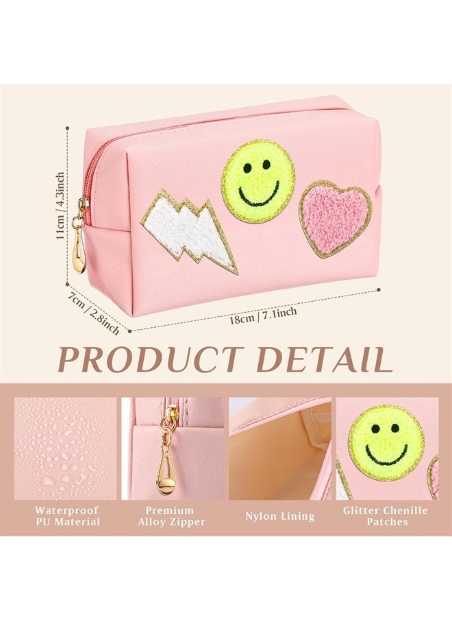 Sanwuta 20 Pieces Preppy Patch Makeup Bag Bulk Chenille Letters Bags PU Leather Aesthetics Cosmetic Organizer Smile Lightning Heart Toiletry Pouch Portable Waterproof Zipper Storage Purse for Women  - Image 2