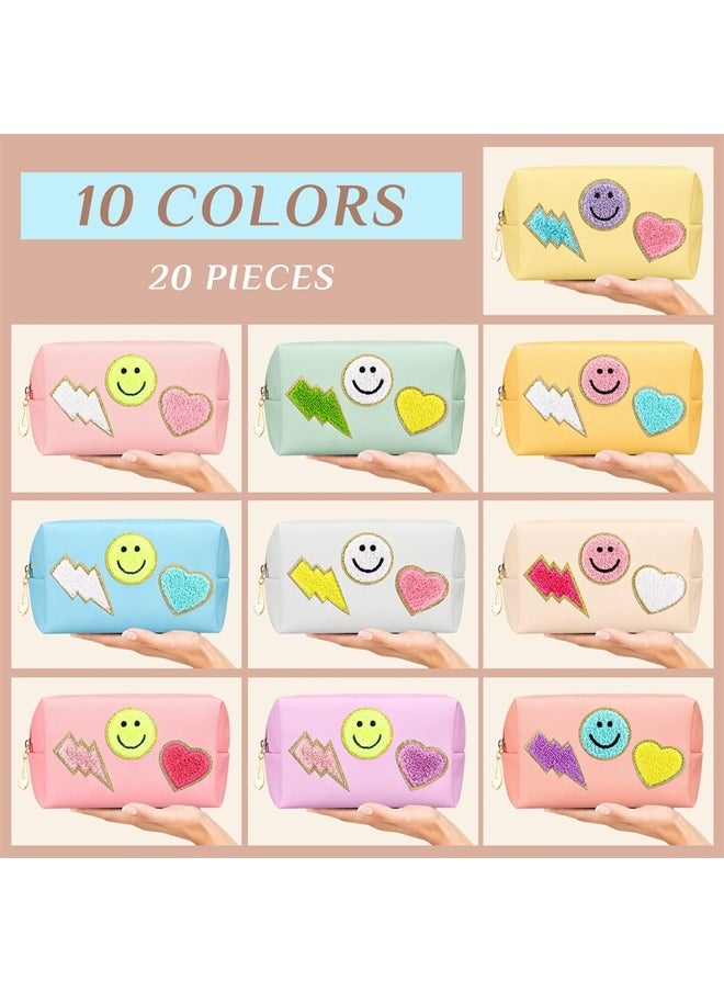 Sanwuta 20 Pieces Preppy Patch Makeup Bag Bulk Chenille Letters Bags PU Leather Aesthetics Cosmetic Organizer Smile Lightning Heart Toiletry Pouch Portable Waterproof Zipper Storage Purse for Women  - Image 4
