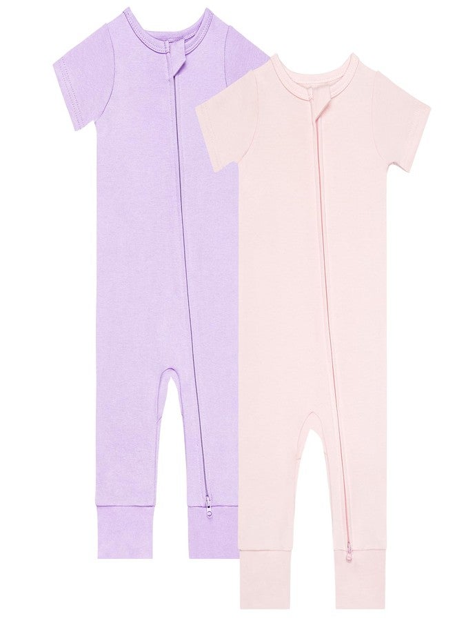 GUISBY Footless Short Sleeve Baby Pajamas with Zipper Cotton Infant Sleepwear Pale Pink+Light Purple 12-18 Months - Image 1