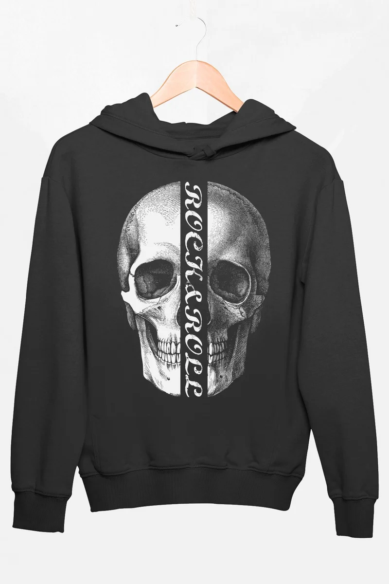 Rock&Roll Half Skull Anthracite Hooded Thick Men's Sweatshirt