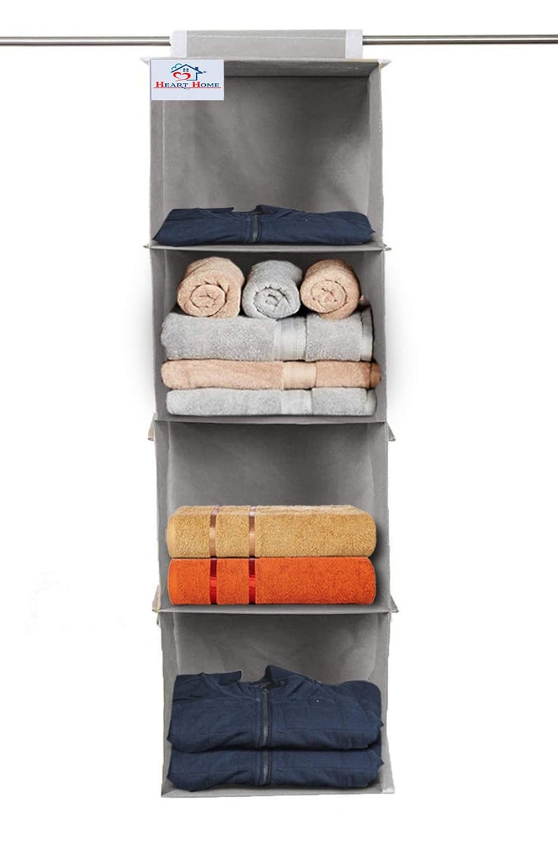 Kuber Industries Heart Home Non Woven Hanging 4 Shelves Foldable WardrobeCloset Cloth Organizer GreyPack of 2HHEART15322 - Image 4